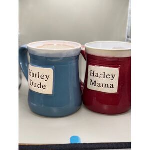 Harley Dude& Harley Mama Mugs Set Blue Red Ceramic Bikercore